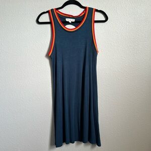 Small, Pink Rose dress, blue, multicolored stripes trim, T-shirt dress